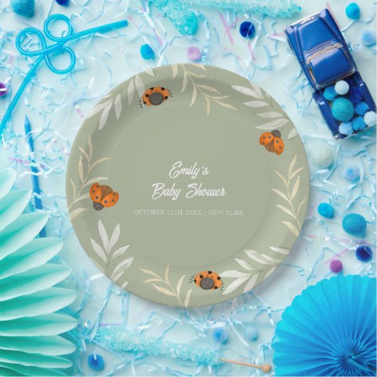 Sage Green Fall Ladybug Grüne Babydusche Pappteller (Party)