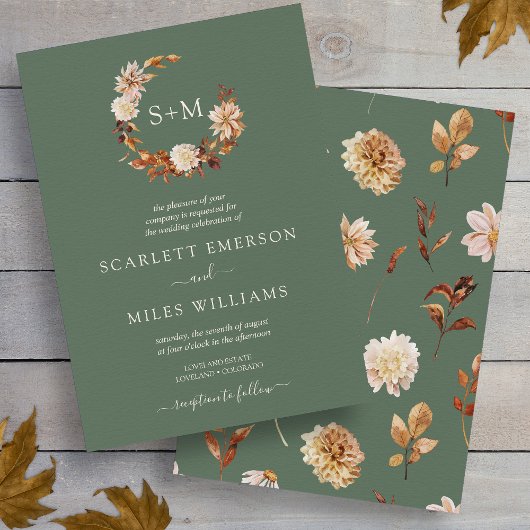 Sage Green Fall Terracotta Monogram Wreath Wedding Einladung