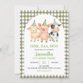 Sage Green Farm Party Gingham Birthday Einladung (Vorderseite)