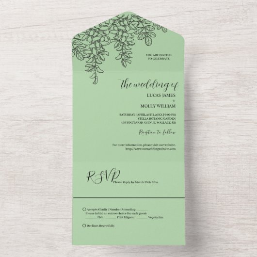 Sage Green Fern Leaf Wedding All In One Einladung (Innen Boden)