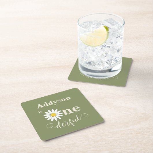 Sage Green First Birthday Daisy Rechteckiger Pappuntersetzer (Vor Ort)