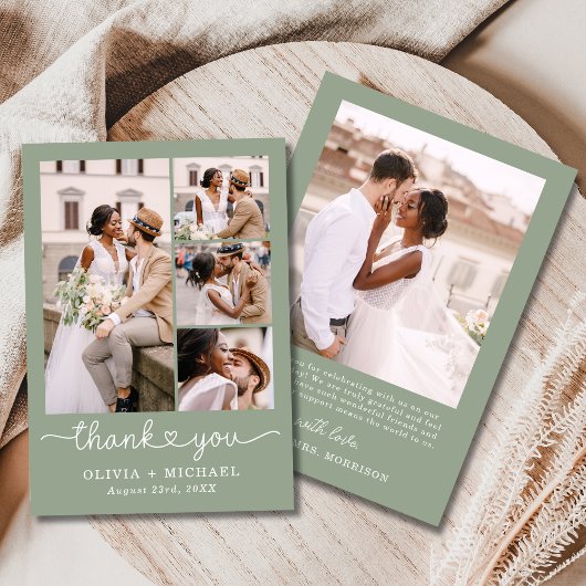 Sage Green Five Foto Collage Script Hochzeit Dankeskarte