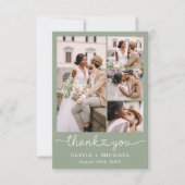 Sage Green Five Foto Collage Script Hochzeit Dankeskarte (Vorderseite)