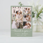 Sage Green Five Foto Collage Script Hochzeit Dankeskarte (Stehend Vorderseite)