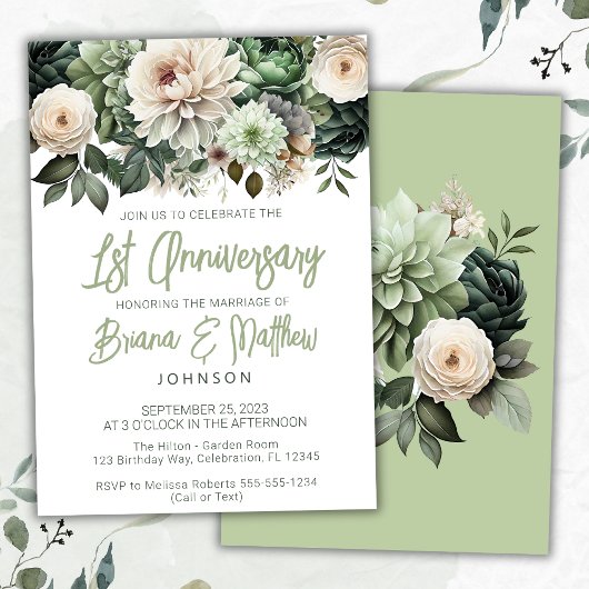 Sage Green Floral 1. Hochzeitstag Einladung