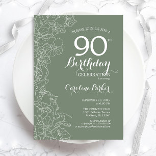 Sage Green Floral 90. Geburtstagsparty Einladung
