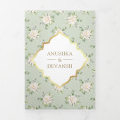Sage Green Floral All in One Gold Indian Wedding Dreifach Gefaltete Einladung (Cover)