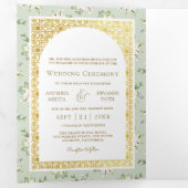 Sage Green Floral All in One Gold Indian Wedding Dreifach Gefaltete Einladung (Innen Erste Seite)