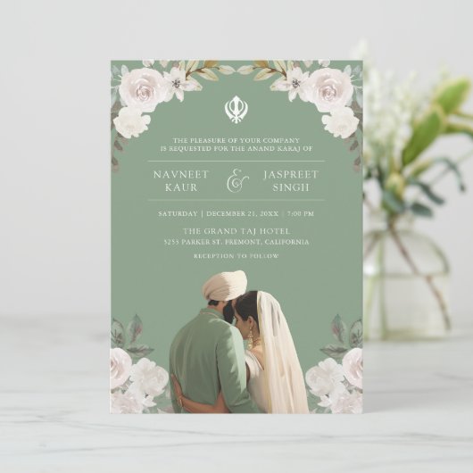 Sage Green Floral Anand Karaj Indian Sikh Wedding Einladung (Stehend Vorderseite)