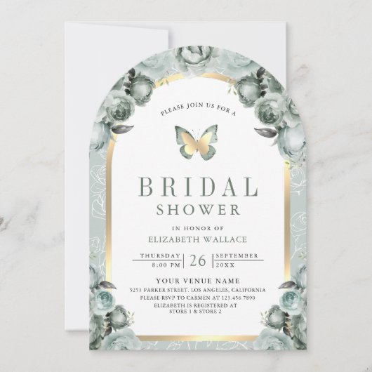 Sage Green Floral Arch Butterfly Brautparty Einladung (Vorderseite)