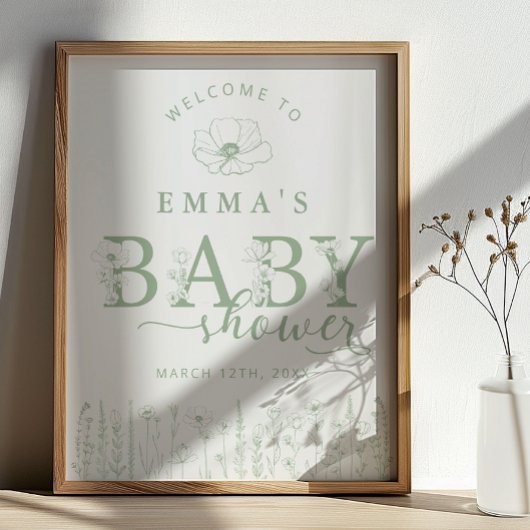Sage Green Floral Baby Shower Welcome Sign Poster