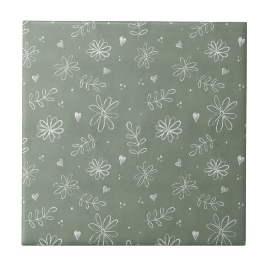 Sage Green Floral Bauernhof Keramik Tile Fliese (Vorderseite)