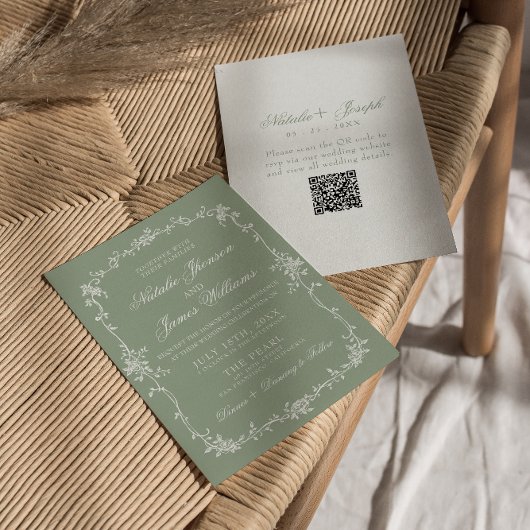 Sage Green Floral Boho Botanical QR Code Wedding Einladung