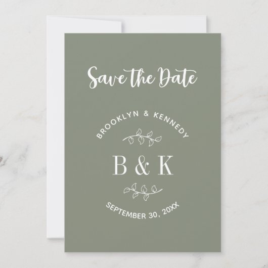 Sage Green Floral Botanical Monogram Couple Name Save The Date (Vorderseite)