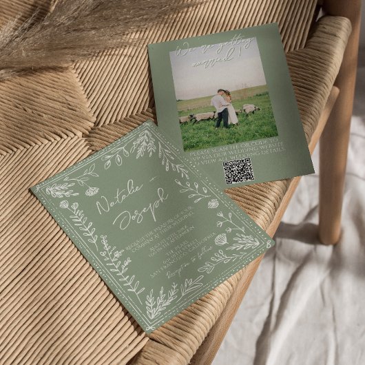 Sage Green Floral Botanical QR Code Photo Wedding Einladung