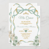 Sage Green Floral Bow Ribbon Gold Crown Mis Quince Einladung (Vorne/Hinten)