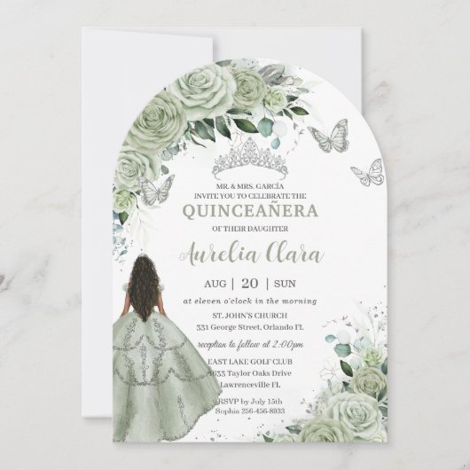 Sage Green Floral Brown Girl Quinceañera XV Arch Einladung (Vorderseite)