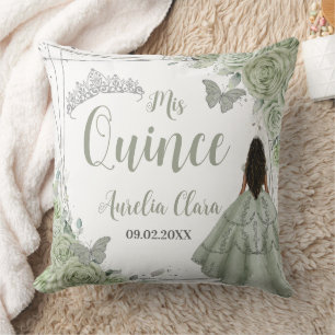 Sage Green Floral Brown Girl Silver 15 Quinceañera Kissen