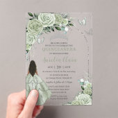 Sage Green Floral Brown Girl Silver Quinceañera Acryleinladungen (Insitu (Handheld))