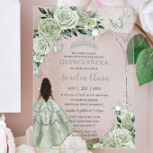 Sage Green Floral Brown Girl Silver Quinceañera Acryleinladungen