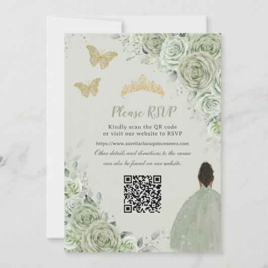 Sage Green Floral Brown Princess Quinceañera QR Einladung (Rückseite)