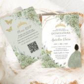 Sage Green Floral Brown Princess Quinceañera QR Einladung