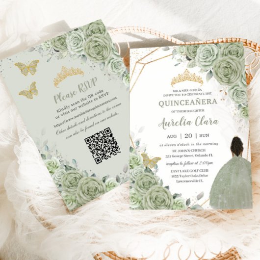 Sage Green Floral Brown Princess Quinceañera QR Einladung