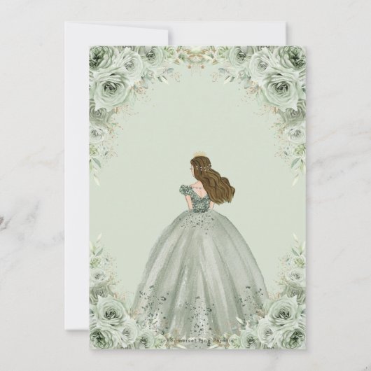 Sage Green Floral Brünett Princess Quinceañera Einladung (Rückseite)