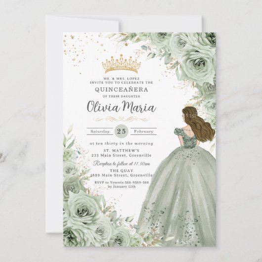 Sage Green Floral Brünett Princess Quinceañera Einladung (Vorderseite)