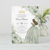 Sage Green Floral Brünett Princess Quinceañera Einladung (Stehend Vorderseite)