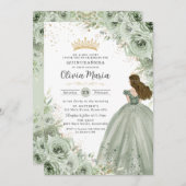 Sage Green Floral Brünett Princess Quinceañera Einladung (Vorne/Hinten)
