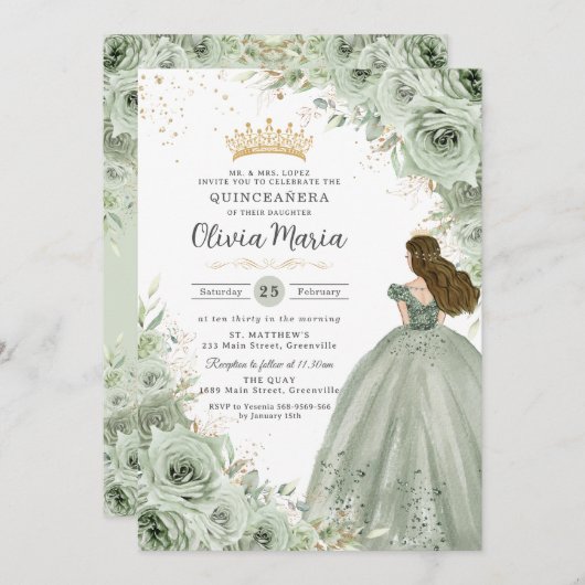 Sage Green Floral Brünett Princess Quinceañera Einladung (Vorne/Hinten)