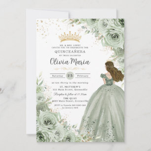 Sage Green Floral Brünett Princess Quinceañera Einladung