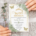 Sage Green Floral Butterfells Gold 16 . Geburtstag Einladung<br><div class="desc">Dieses schicke Sweet 16 Birthday Einladungen mit einem geometrischen Rahmen aus goldfarbenem Glitzer mit zarten Aquarellfarben von Salbei grüner Blüte, weicher Salbei und Salbei und Goldschmetterlinge. Personalisieren Sie es einfach und schnell mit Ihren Daten, drücken Sie einfach die Schaltfläche Anpassen, um den Stil und die Platzierung des Textes weiter zu...</div>