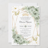 Sage Green Floral Butterfells Gold Quinceañera Einladung (Vorderseite)