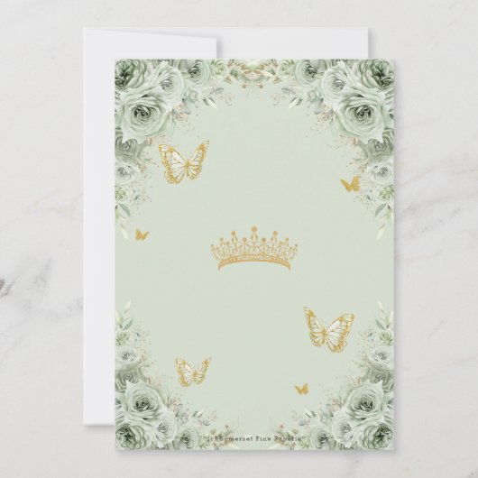 Sage Green Floral Butterfells Gold Quinceañera Einladung (Rückseite)