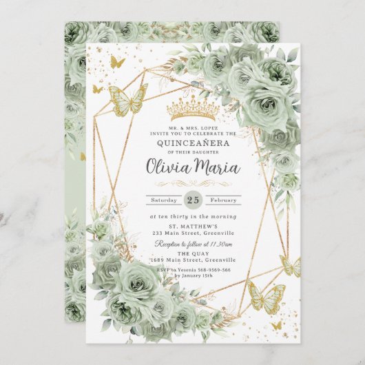 Sage Green Floral Butterfells Gold Quinceañera Einladung (Vorne/Hinten)