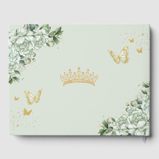 Sage Green Floral Butterfells Gold Quinceanera Gästebuch (Rückseite)