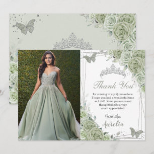 Sage Green Floral Butterfliegen Quinceañera Foto Dankeskarte