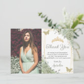 Sage Green Floral Butterfliegen Quinceañera Foto Dankeskarte (Stehend Vorderseite)
