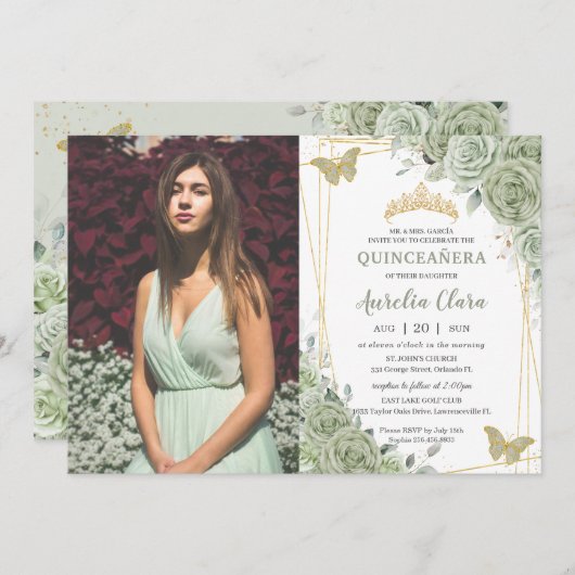 Sage Green Floral Butterfliegen Quinceañera Foto Einladung (Vorne/Hinten)