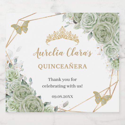 Sage Green Floral Butterfliegen Quinceañera Geburt Schaumweinetikett (Einzelnes Label)