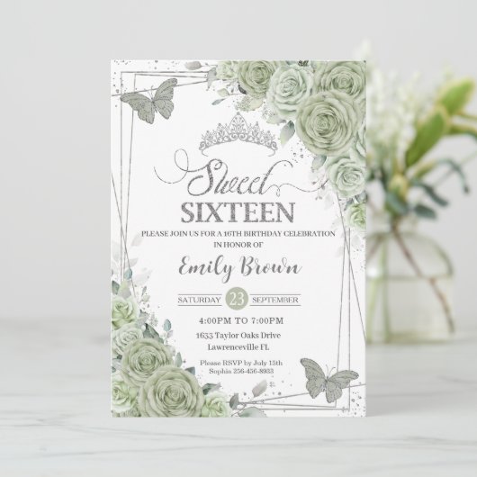 Sage Green Floral Butterfliegen Silver 16 . Geburt Einladung (Stehend Vorderseite)