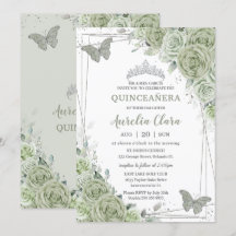 Sage Green Floral Butterfliegen Silver Quinceañera