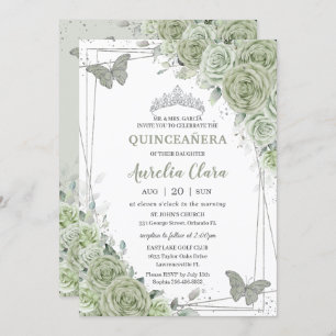 Sage Green Floral Butterfliegen Silver Quinceañera Einladung
