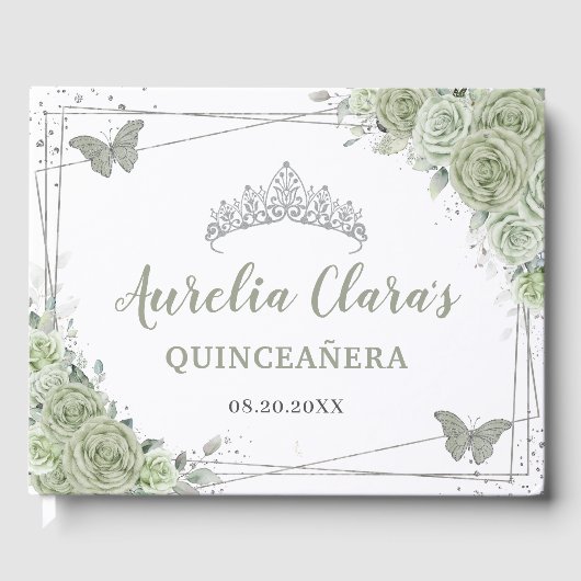 Sage Green Floral Butterfliegen Silver Quinceañera Gästebuch (Vorderseite)