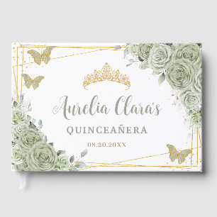 Sage Green Floral Butterflies Gold Quinceañera Gästebuch