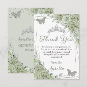 Sage Green Floral Butterflies Quinceañera Sweet 16 Dankeskarte