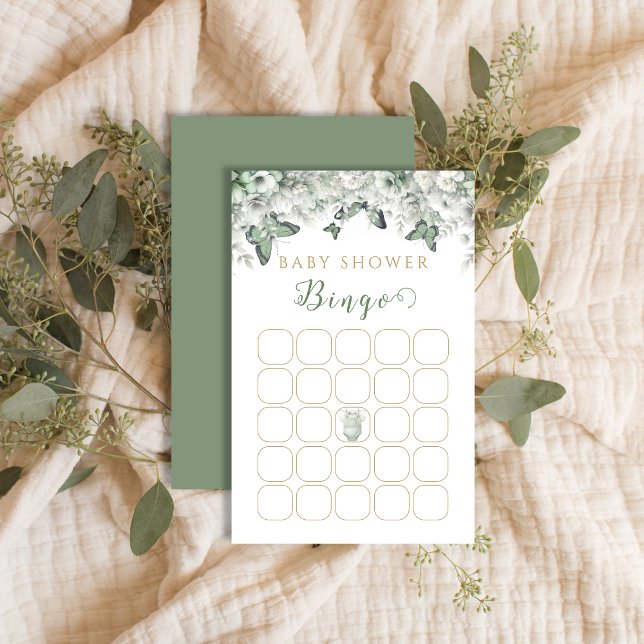 Sage Green Floral Butterfly Baby Shower Bingo Game (Von Creator hochgeladen)