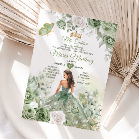 Sage Green Floral Butterfly Princess Mis Quince Einladung